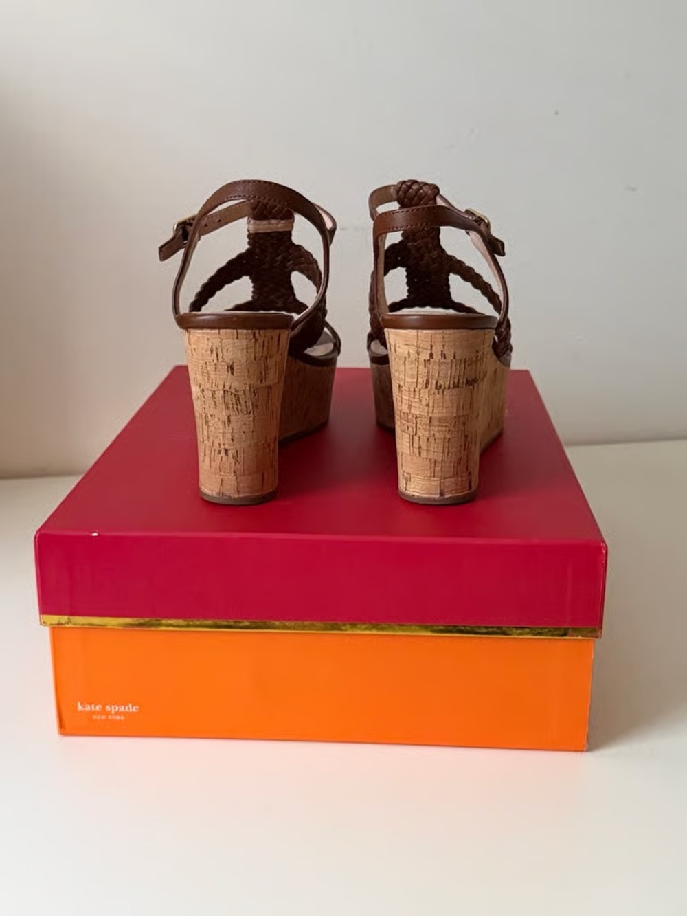 kate spade Brown Braided Cork Wedge Sandals with Ankle Strap
